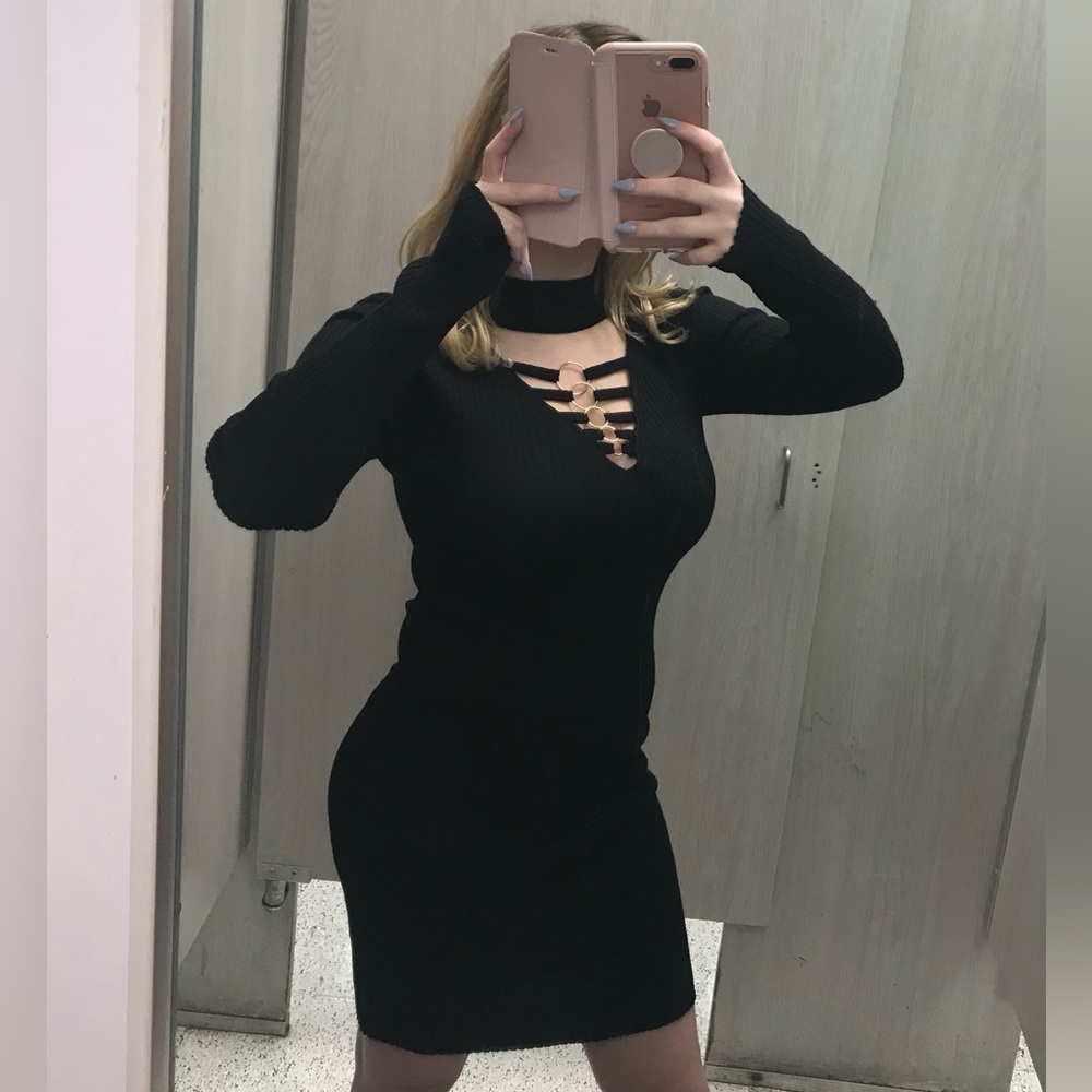 Black Long Sleeve Bodycon Midi Dress with Collar and Gold Hoops Size Small